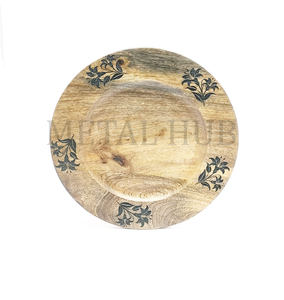 Round Decorative Charger <b>Plate</b> with Border Engraved Leaf Pattern and <b>Black</b> Finish Table Base <b>Plate</b> for Dining Setup Use - Product Image 3