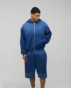 Conjunto de Sudadera con Capucha y Pantalones Cortos de Forro Polar Azul Unisex, Manga Larga, Bolsillos con Cremallera, Ajuste Holgado, Ropa Deportiva Informal de Dos Piezas, Largo por Encima de la Rodilla, Color Sólido - Product Image 1