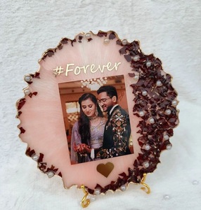 Handmade Round Resin <b>Photo</b> <b>Frame</b> with Dried Wedding Bouquet, <b>Gold</b> Foil Pearls and Custom Name - Product Image 5