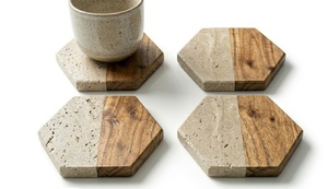 Ensemble de dessous-de-verre en marbre travertin beige et bois, design hexagonal, antidérapant, pour la décoration de la maison - Product Image 2