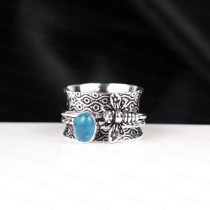 925 Sterling Silver Plated Bee Spinner Natural Blue Apatite Gemstone <b>Ring</b> Handmade Textured <b>Statement</b> Band Meditation <b>Ring</b> - Product Image 6