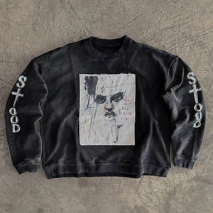 Men Factory OEM Vintage Washed Heavyweight Cotton <b>Tshirts</b> Custom Print logo Men Oversized Fit Rhinestone Long Sleeve t Shirt - Product Image 1
