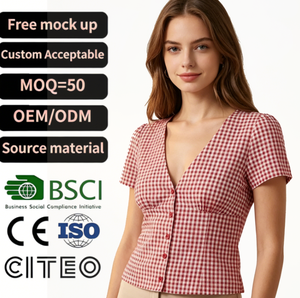Chemisier ajusté à col en V et manches courtes pour femme, motif gingham rouge et blanc, boutonné, style décontracté chic, idéal pour l'été - Product Image 5