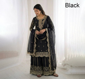 Conjunto de 3 piezas de Sharara Gharara para mujer, con bordado indio, estilo étnico tradicional, corte ajustado, de seda Georgette, para fiestas de invierno - Product Image 1