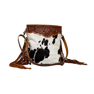 Genuine Cowhide Bohemian Animal Prints Western Shoulder Purse Hand Tooling Leather Vintage Zipper Closure Durable Winter Women's - Product Image 2
