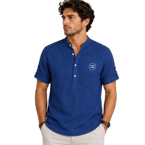 Camisa Henley de Lino para Hombre, Cuello Mao, Azul Rey, Manga Corta, Casual, Verano, Transpirable, Cierre de Botones, Personalizable OEM - Product Image 1