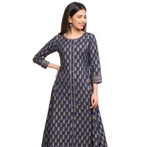 Kurta Anarkali Azul de Algodón para Mujer con Estampado Dorado, Cuello Redondo y Mangas Tres Cuartos, Prenda Étnica Global Informal y Festiva - Product Image 1