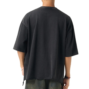 เสื้อยืดคอกลมแขนสั้นทรงบ็อกซี่ผ้าฝ้ายแท้หนานุ่มสไตล์วินเทจฟอกสีทำมือ ดีไซน์เรียบง่ายสำหรับผู้ชาย - Product Image 3