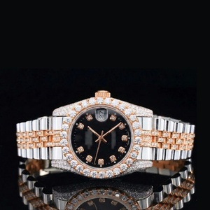 Hip Hop Style Luxury Fully Iced Out Moissanite Diamond Wrist <b>Watch</b> With <b>Black</b> Dial Date Style And Stainless Steel Metal Case - Product Image 1