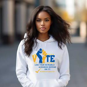Sudadera con Capucha Personalizada VOTE Blanca para Mujer, Sudadera con Capucha Estampada con Gráficos de la Hermandad Griega Sigma Gamma Rho, Sudadera Informal a la Moda - Product Image 1