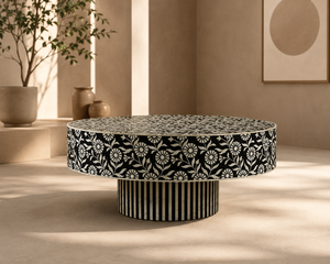 Mesa de Centro Redonda con Incrustaciones de Hueso, Ligera, con Patrón Floral, Moderna, para Sala de Estar, Mesa Auxiliar - Product Image 2