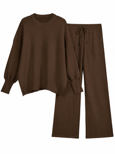 Conjunto de 2 piezas para mujer, estilo vintage, silueta holgada, sudadera con cordón ajustable y pantalón de pierna ancha para otoño - Product Image 1