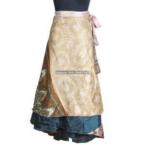 New Ladies Clothing Silk <b>Skirts</b> Dresses Women Wear Vintage Silk Sari Long Length <b>Wrap</b> <b>Around</b> <b>Skirt</b> 2 Layer Reversible Cover up - Product Image 2