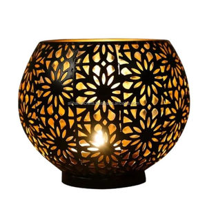 Round Metal <b>Lantern</b> With Wave Cutout Design <b>Gold</b> Finish Heat Resistant Home Decoration Votive Candle Holder - Product Image 6