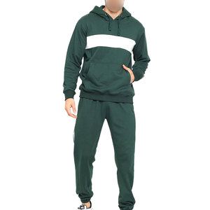 Men's Dark Green Hooded <b>Tracksuit</b> With <b>White</b> Stripe Color Blocking Full Length Casual Autumn Wear 100% Cotton Side Pockets - Product Image 1
