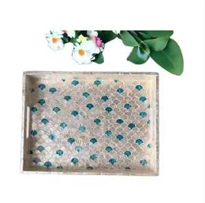 Plateau de service en bois de luxe fait main avec incrustation d'os et nacre, décoration artisanale pour la maison, cadeau de mariage, centre de table durable pour table basse - Product Image 3