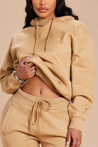 Ensemble de survêtement deux pièces pour femme 100 % coton, délavé à l'acide, couleur unie, respirant, écologique, streetwear, couleur kaki, sweat à capuche et pantalon - Product Image 4