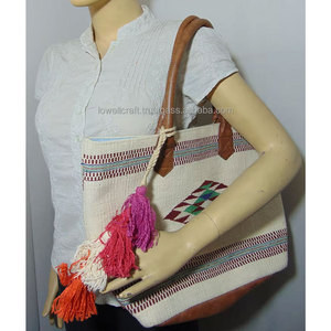 Leather White Handle Handloom White Durries Cotton <b>Handbag</b> Eco Friendly Cotton Tote Bag Handmade Beach Shopping Shoulder Bag - Product Image 4