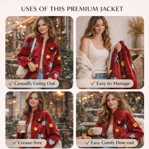 Veste bomber en velours rouge brodée à la main pour femmes, manches longues, col montant, manteau d'hiver avec poches - Product Image 5