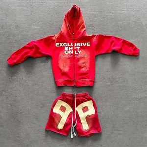 Red Hooded 100% Cotton Fleece Thickness Tracksuit Set for <b>Men</b> with Printed Letters and Zipper Closure Vintage Winter Wear - Product Image 1