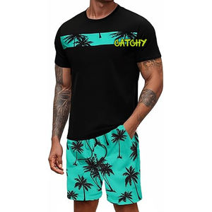 Ensemble de t-shirts imprimés en tricot pour hommes OEM, tissu doux, haut décontracté et short assorti - Product Image 4