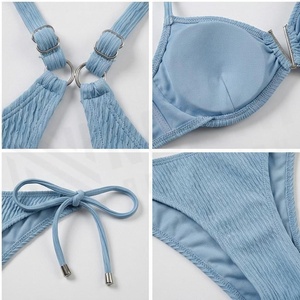Conjunto de bikini acanalado con cuello halter para mujer, traje de baño de dos piezas azul claro con parte inferior con lazo lateral y tela elástica - Product Image 4