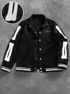 Black Woolen Varsity <b>Jacket</b> Unisex Mandarin Collar Hooded Winter Streetwear College Baseball Outerwear 100% Cotton Heavy Front - Product Image 2