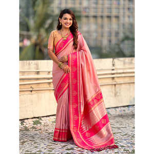 Sari en soie douce rose pâle Elite Weaves, tissé traditionnellement avec des fils Zari contrastants, pour les mariages, 650g - Product Image 5