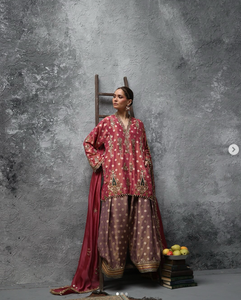 Luxurious <b>Maroon</b> Women's Pakistani 3-Piece Ensemble Intricate Gold Embroidery Premium Cotton Fabric Moisture Wicking Quick Dry - Product Image 3