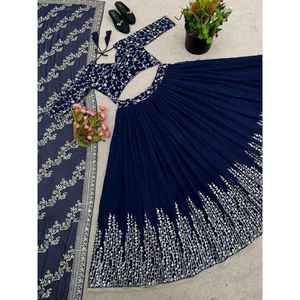 ผ้าจอร์เจียแบบแฟนซีเย็บปักถักร้อยลำดับ lehenga choli กับสีฟ้า dupatta - Product Image 6