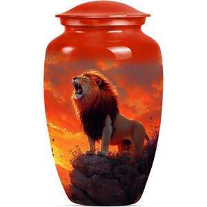 Elegantes Urnas Metálicas para Cenizas con Diseño de León Rugiente al Atardecer, Urnas Metálicas Conmemorativas con Símbolo de Fuerza para Exhibición - Product Image 1