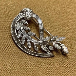 Art Deco Marquise & Baguette Moissanite Diamond14k Gold Plated <b>Silver</b> Leaf <b>Spray</b> Wedding Brooch Unique Brooch For Women & Men - Product Image 5