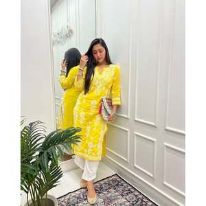 DISEÑADOR RAYON HILO DE ALGODÓN BORDADO TRABAJO KURTI CON PALAZZO AMARILLO - Product Image 6