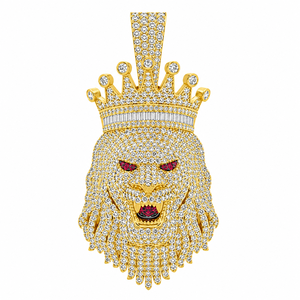 Men's Luxurious 925 <b>Silver</b> Gold Plated Iced Custom King <b>Crown</b> Lion Animal Face Moissanite Diamond Hip Hop Party Charms Pendants - Product Image 1