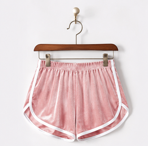 Shorts en velours bleu taille haute pour femme avec bordure blanche, coupe sportive, taille élastique classique, style Y2K, streetwear - Product Image 2
