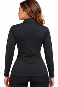 Camisa de competición ecuestre negra para mujer, manga larga, con cremallera de un cuarto, cuello alto y detalle de pedrería en el hombro - Product Image 3