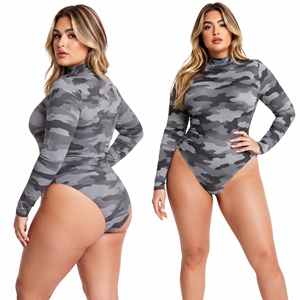 Plus Size Camo Printed Bodysuits Women Long Sleeve Mock Neck Swimsuit Polyester Spandex High Compression One Piece Bathing Suit - Product Image 1