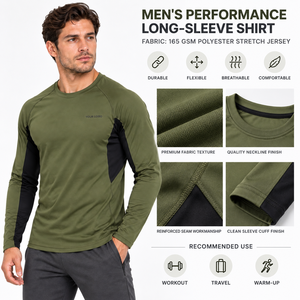Camiseta Deportiva de Manga Larga para Hombre, Color Verde Oliva, de Secado Rápido, Corte Ajustado, Cuello Redondo, Estilo Deportivo, Logotipo Personalizado Impreso en la Parte Delantera - Product Image 5