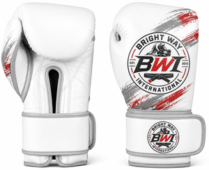 Bright Way International <b>Boxing</b> <b>Gloves</b> PU Moisture Wicking <b>White</b> Red Gray Lace-up Closure Adjustable Wrist Strap Laced Training - Product Image 1