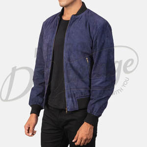 Blouson Bomber Homme en Cuir Souple Véritable Bleu, Coupe Slim, Col Côtelé Classique, Toucher Doux, Idéal pour Tenue Décontractée ou Soirée - Product Image 5