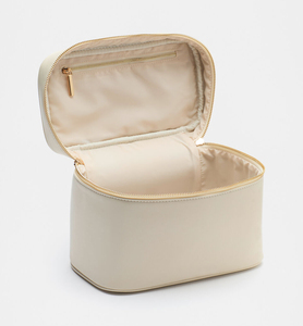 Leather Cosmetic Case <b>Medium</b> Size Zipper Closure Elegant Style Soft Handle Travel Makeup Bag <b>Brown</b> Color - Product Image 5