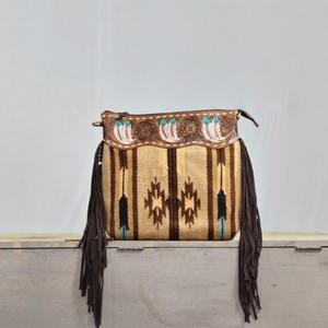 Bolso de Hombro Bohemio de Cuero Genuino con Patrón Geométrico, Decoración de Borlas, Cierre de Cremallera, Correa Única, para Uso Diario en Todas las Estaciones - Product Image 3