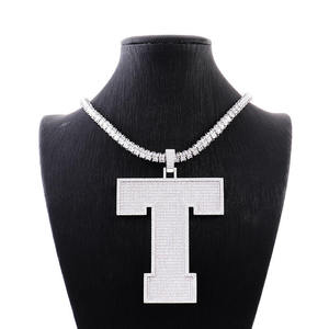 T Letter Pendant With Crystal Rhinestones Micro Pave Hiphop Charm <b>Necklace</b> For Men <b>Silver</b> Plated Alloy - Product Image 2