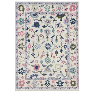 Elegante Alfombra de Lana con Diseño Floral, Hecha a Mano, con Motivos Botánicos en Rosa y Azul, Decorativa para Sala de Estar o Dormitorio - Product Image 1