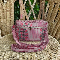 Tas Selempang Wanita Bohemian Motif Bunga Buatan Tangan, Bahan Katun Berlapis, Penutup Ritsleting Bunga, Lapisan Katun, Tali Tunggal