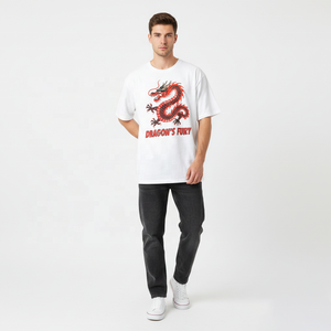Camiseta de Hombre con Estampado de Dragón Blanco, Corte Regular, Manga Corta, Cuello Redondo, Algodón Jersey, Estilo Casual - Product Image 1