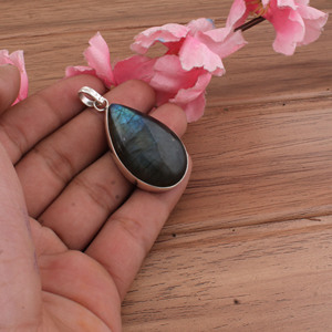 Collier en pierre de labradorite naturelle, argent sterling 925 plaqué platine, pierre bleue chatoyante, vintage, fait à la main, unisexe, pour mariage - Product Image 4