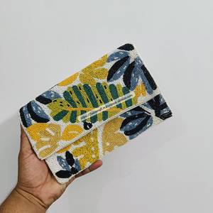 Handmade Lightweight <b>White</b> Beaded <b>Clutch</b> <b>Bag</b> with Detachable Chain Yellow for Face Pattern Rectangular Evening Wedding Purse - Product Image 4