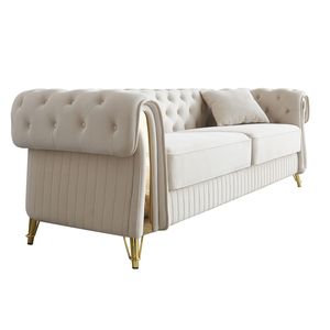 Divano Chesterfield Moderno 89 W in Velluto Beige Trapuntato per Soggiorno con Due Cuscini e Due Cuscini Decorativi - Product Image 5