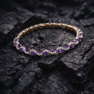 Brazalete de Cadena con Eslabones y Perlas de Agua Dulce, Moissanita Ovalada Morada, Chapado en Oro S925, para Mujer, Joyería de Aniversario - Product Image 4